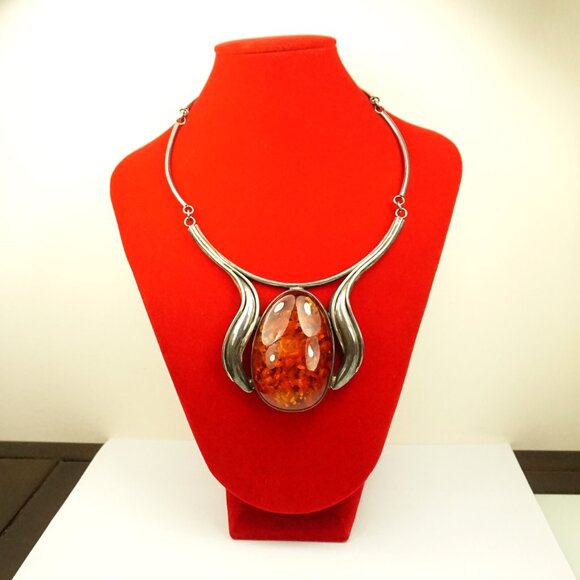 Giant Amber Link Necklace Set In 925 Silver - One-Of-A-Kind Artisan Jewelry - Picture 3 of 14